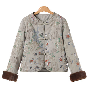 水貂毛条亚麻刺绣珠片国风羽绒服502 冬装 鹅绒服 申