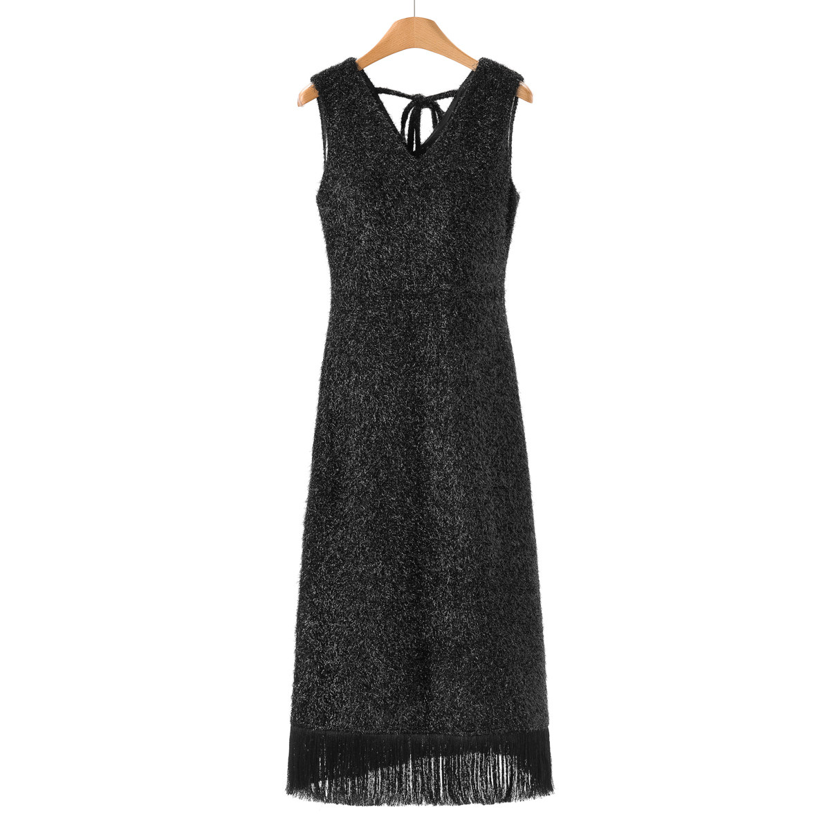 899西湖阁老【莫Y】春装 纯色细闪双V领流苏无袖连衣裙663