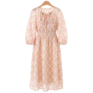 串珠系带插肩七分袖 1199 春装 栖 收腰连衣裙222 100苎麻