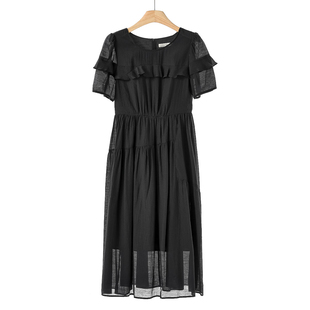 夏装 799 栖 27%醋酸 收腰过膝花边连衣裙659弜 53%莱赛尔纤维