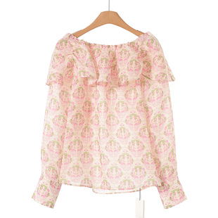 荷叶边一字肩宽松圆领雪纺衫 799 春装 栖 261 100苎麻