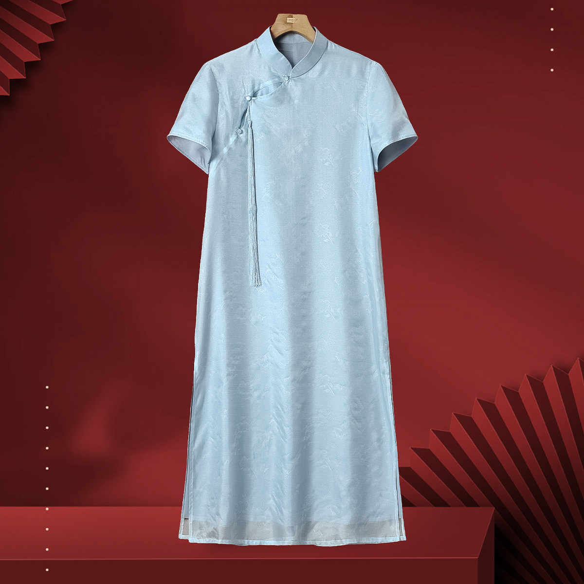 西湖阁老【佐】夏装 改良旗袍流苏穗开叉欧根纱连衣裙960