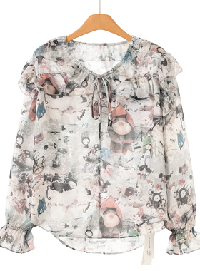 659西湖阁老【栖】春装 V领系带荷叶边印花喇叭袖雪纺衫371