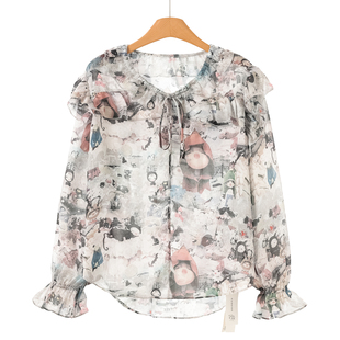 雪纺衫 659西湖阁老 V领系带荷叶边印花喇叭袖 春装 371 栖