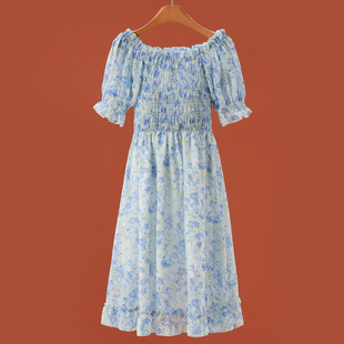 度假风一字肩清新印花连衣裙203弜 夏装 639西湖阁老 兰