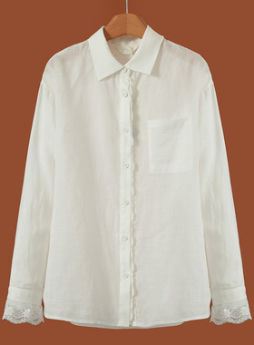 659 100苎麻【芙】春装 蕾丝拼接花边喇叭袖宽松衬衫183
