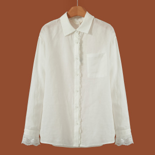 100苎麻 宽松衬衫 芙 蕾丝拼接花边喇叭袖 183 春装 659