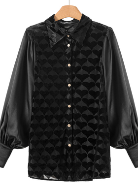 799 75%锦纶【奕】春装翻领植绒爱心拼接灯笼袖衬衫915