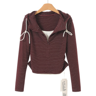 春装 熠 假两件条纹收褶连帽T恤111 35%粘胶纤维 499