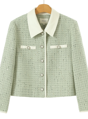 1199 绵羊毛【奕】春装 PU皮质拼接翻领小香风亮片短款外套805