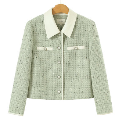 1199 绵羊毛【奕】春装 PU皮质拼接翻领小香风亮片短款外套805