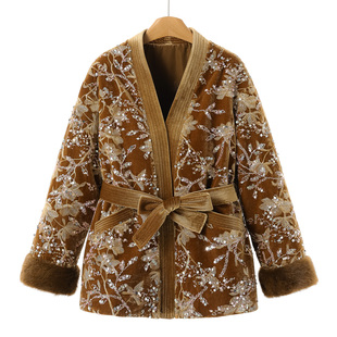 水貂毛袖 100骆驼绒 冬装 当季 口丝绒刺绣夹棉仿皮草外套316 申