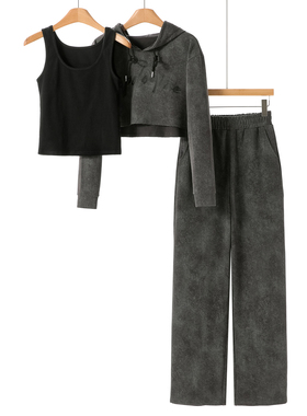 799西湖阁老【兰】冬季 连帽卫衣+背带+松紧直筒裤套装665