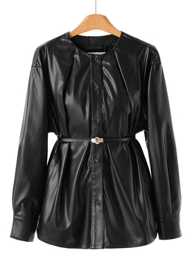 799西湖阁老【栖】春装 圆领单排扣配腰带帅气感PU皮质外套685