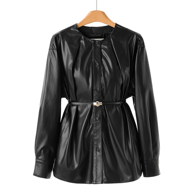 799西湖阁老【栖】春装 圆领单排扣配腰带帅气感PU皮质外套685