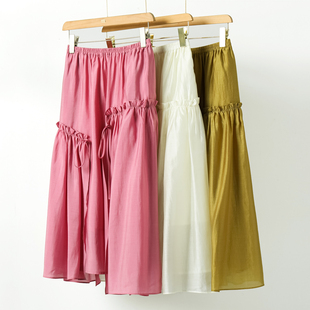 夏季 MU耳花边系带不挑人松紧半身裙591弜 栖 499莱赛尔天丝