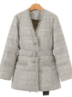 鹅绒服 35%粘纤【圣】冬装 轻奢感重工串珠休闲风V领羽绒服560