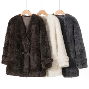 气质V领贵气感纯色仿皮毛一体外套775 冬装 西湖阁老 申