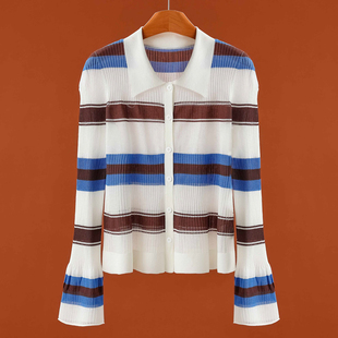 春装 栖 条纹开衫 喇叭袖 706 599 翻领薄针织衫 77%粘纤