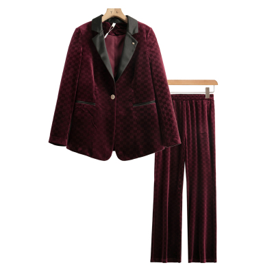 一粒扣时尚丝绒西装+直筒裤套装