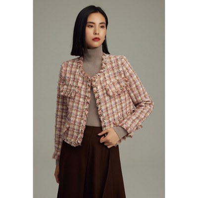 2380 40%羊毛【奢LD】春冬 彩色格纹毛边流苏钉小香风短外套025