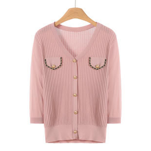 奕 35%锦纶 春装 V领小香风七分袖 701 669 毛针织衫 64%粘纤