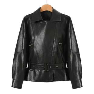 酷飒斜襟机车风系带收腰短款 管 春装 申 皮衣外套668 绵羊皮革