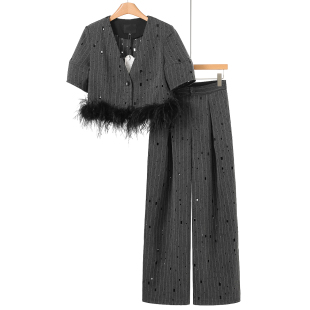 26春装 短款 外套 1499 镂空烫钻套装 莫Y 高腰直筒裤 363 12%粘纤