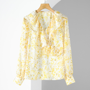 100粘纤 荷叶边V领印花雪纺衬衫 西湖阁老 春季 031 栖 599