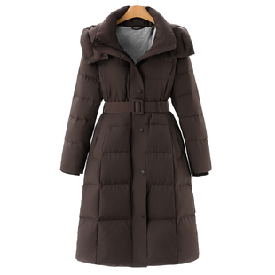 连帽可拆卸配腰带通勤气质长款 25冬装 羽绒服132 博 鹅绒服