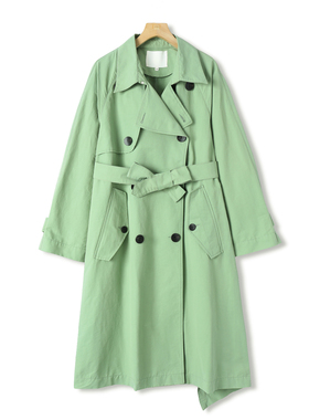 西湖阁老【蓄】春季 棉质单侧边扣开叉系腰带长风衣外套072