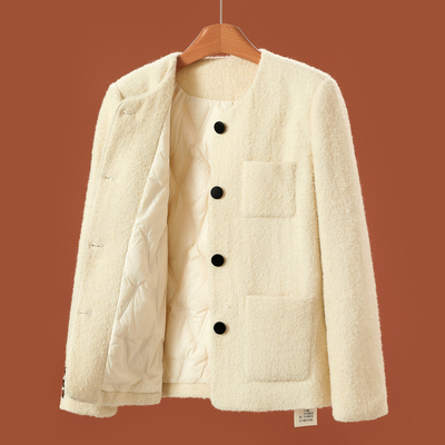 68%羊毛【俪】冬装 小香风双排口袋温柔圆领羽绒服537