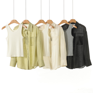 口袋宽松衬衫 569 春装 兰 针织背心两件套756 21%醋酸纤维