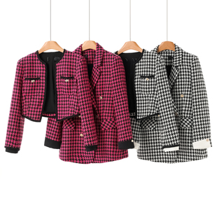 千鸟格纹拼接假袖 春装 口小香风外套组合044剪 丽X 西湖阁老