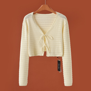 针织开衫 339西湖阁老 棉系带镂空短款 春季 外套053 兰