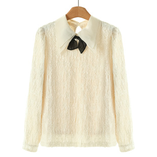 网纱花纹蝴蝶结翻领套头衬衫 冬装 602 卡拉 西湖阁老