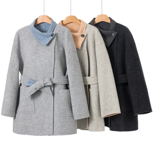 冬装 之 气质拼色系腰带双面呢大衣167 90%绵羊毛 10%兔毛
