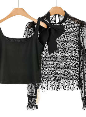 899西湖阁老【知】春装 立领蕾丝套头小衫+背心内搭两件套055