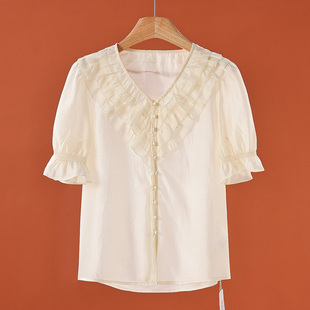 84%莱赛尔 衬衫 萌 叠加荷叶边V领喇叭袖 612弜 夏装 339
