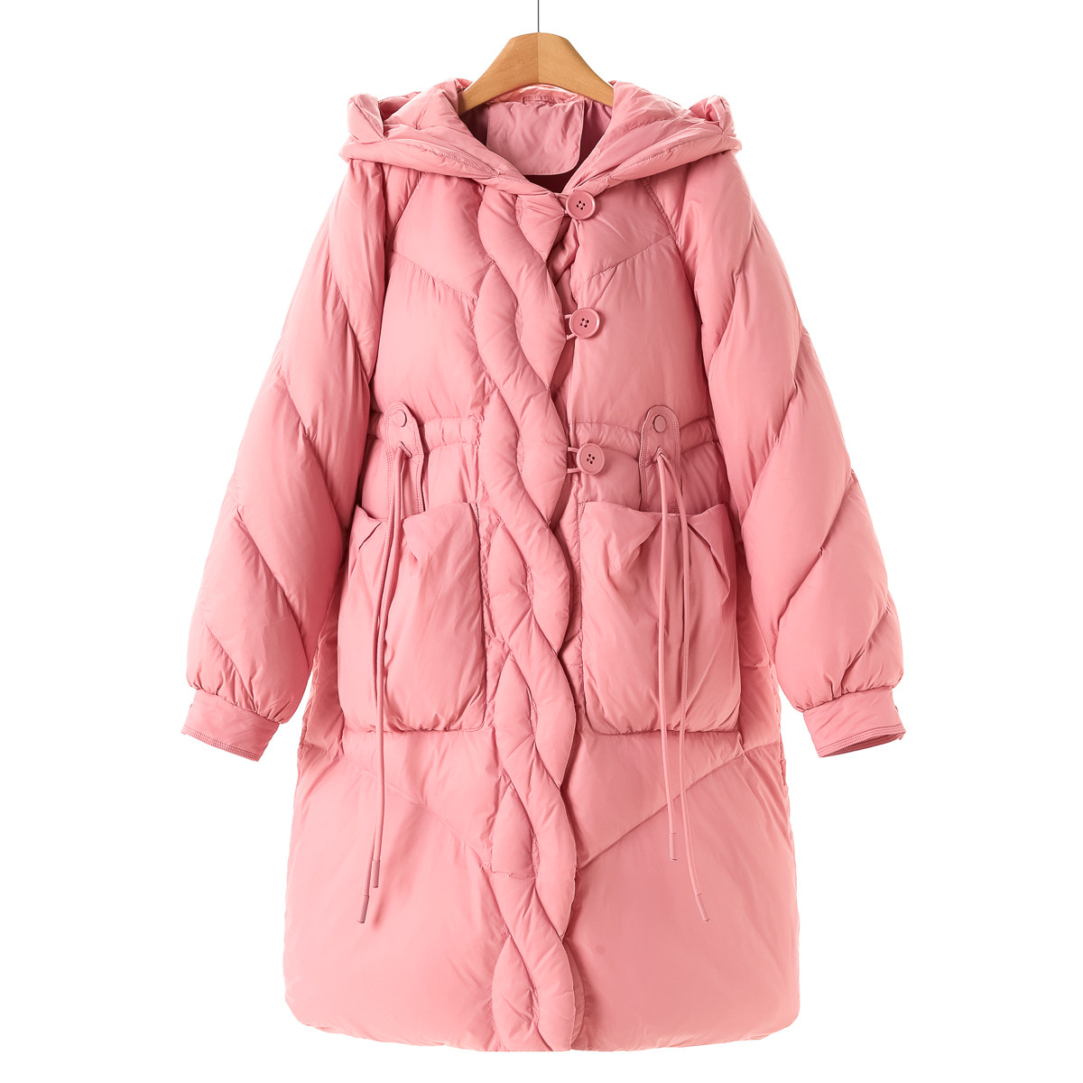 200克高克重泡芙面料【慧】冬装 麻花纹门襟插肩袖连帽羽绒服117