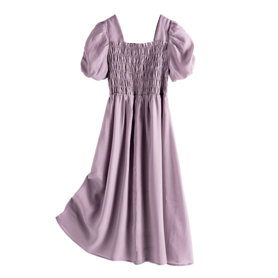 西湖阁老【佐】夏季季 MU耳方领松紧收褶连衣裙L281弜