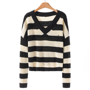 宽松韩系条纹简约V领套头毛衣601 冬季 439西湖阁老 兰