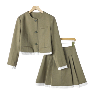 瑾 拼色小香风套装 春季 百褶短裙 235 假口袋上衣 西湖阁老