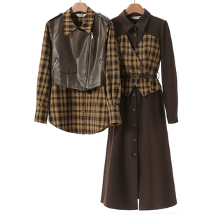 组合 西湖阁老 马甲格子衬衫 春装 假两件拼接连衣裙060 序