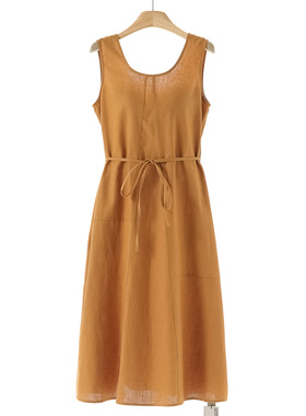 639 41%苎麻【兰】春装 U型领系腰带休闲无袖连衣裙070