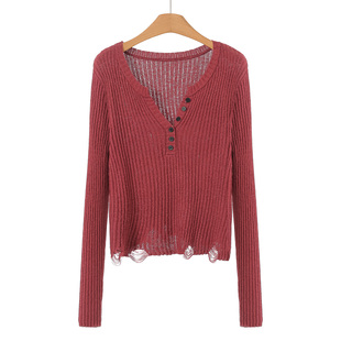 40%锦纶 针织衫 熠 纽扣V领破洞摆加长袖 387 春装 469