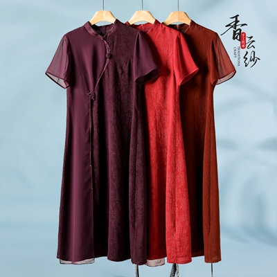 3398香云纱改良旗袍【缘纳YL】夏 立体花朵100桑蚕丝连衣裙021