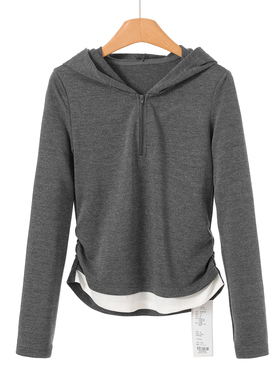 379西湖阁老【帛】26春装*绍 拼接假两件带亮丝连帽T恤175