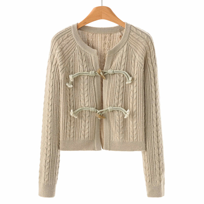 759 27%绵羊毛【栖】春装 绳袢牛角扣插肩袖针织外套372