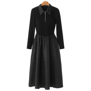 拼接过膝大摆裙翻领拉链收腰连衣裙261 春装 西湖阁老 朗